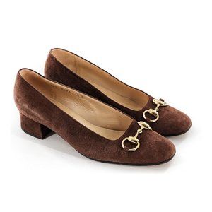 GUCCI Brown Suede Horsebit Square Toe Block Heel Heel Pumps